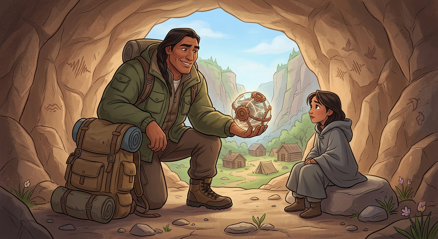DaCo Mozzie shows the Cadence Sphere to Echo in a cave